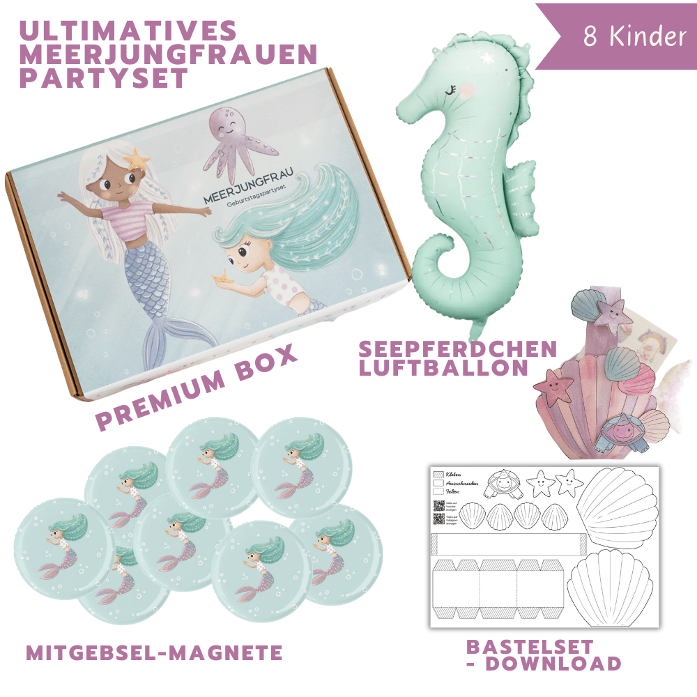 Ultimatives Meerjungfrauen Partyset - Premium Box, Magnete, Seepferdchen Balloon und Bastel Download