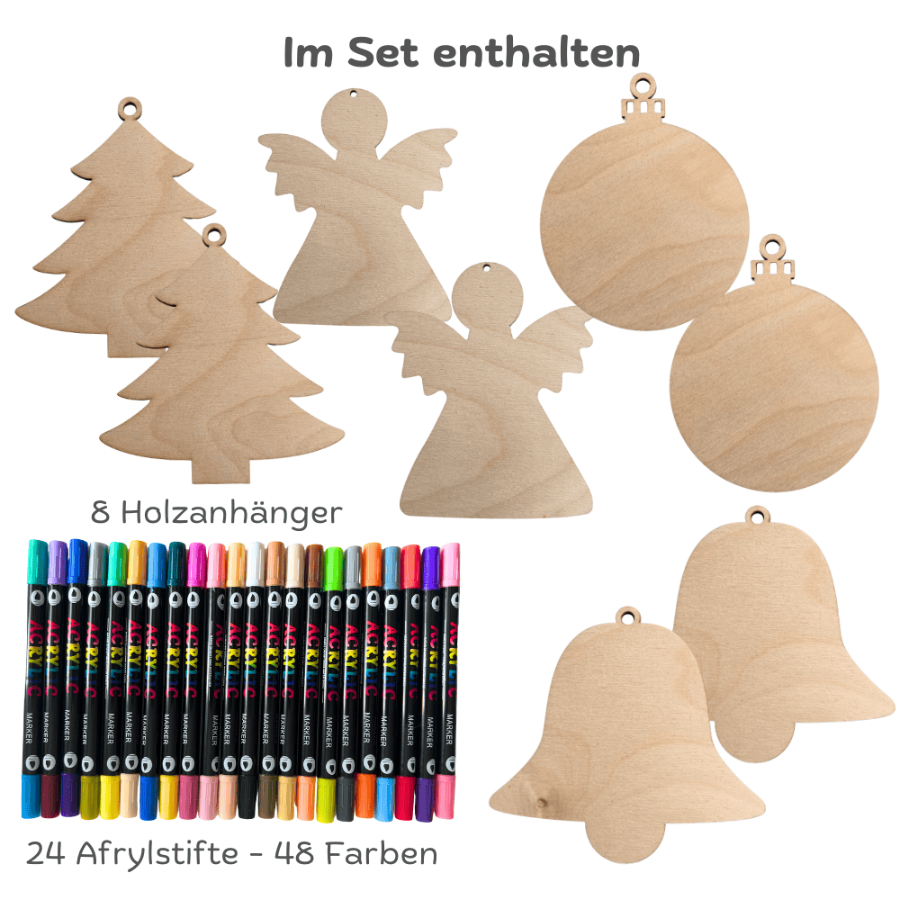 Kreatives Weihnachts-Set: 8 Holzanhänger & 24 Acrylstifte