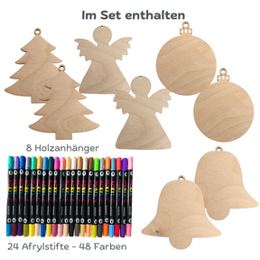Kreatives Weihnachts-Set: 8 Holzanhänger & 24 Acrylstifte