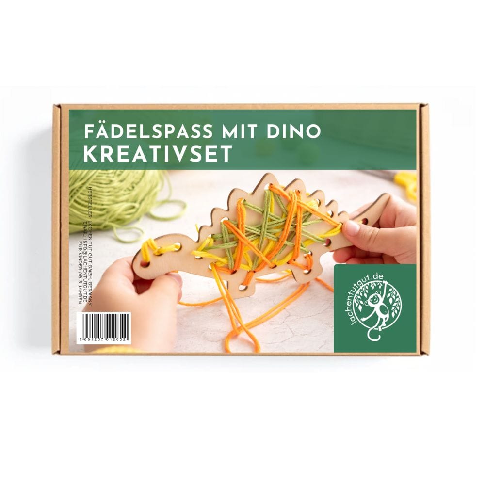 Bastelset – Fädelspaß für den Dino-Geburtstag für 4 Kinder.