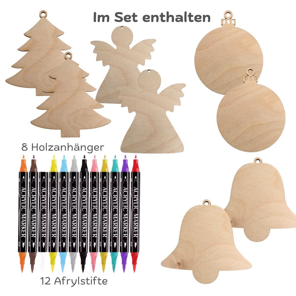 Kreatives Weihnachts-Set: 8 Holzanhänger & 12 Acrylstifte