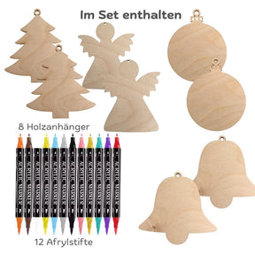 Kreatives Weihnachts-Set: 8 Holzanhänger & 12 Acrylstifte
