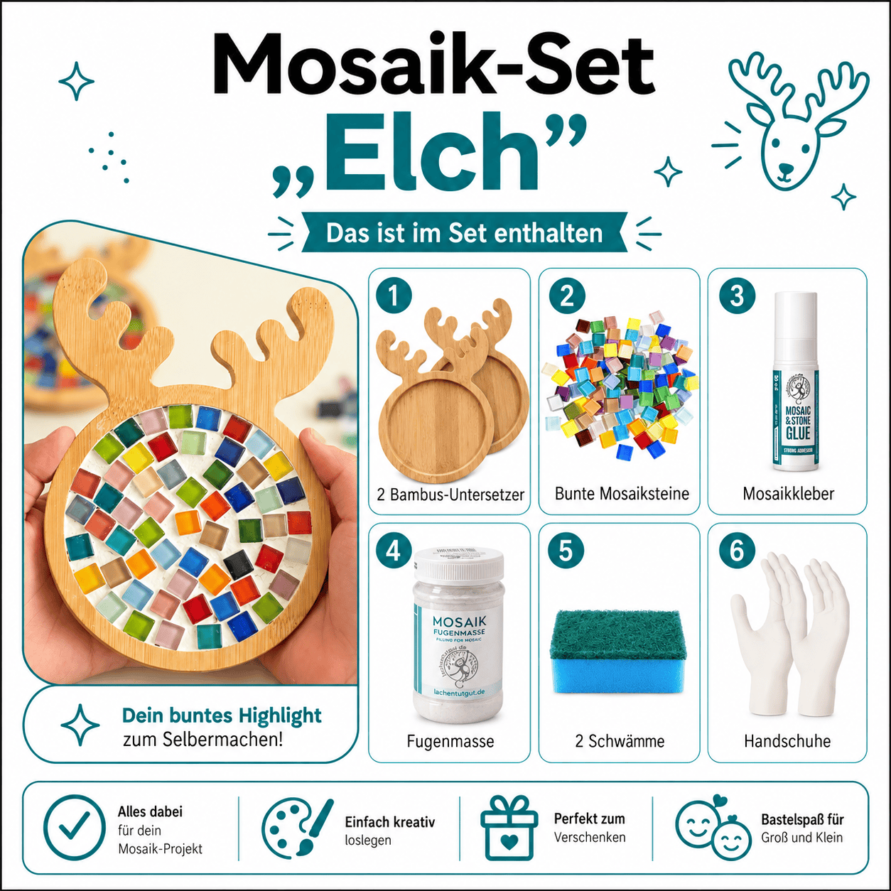 Mosaik Elch Untersetzer 2x