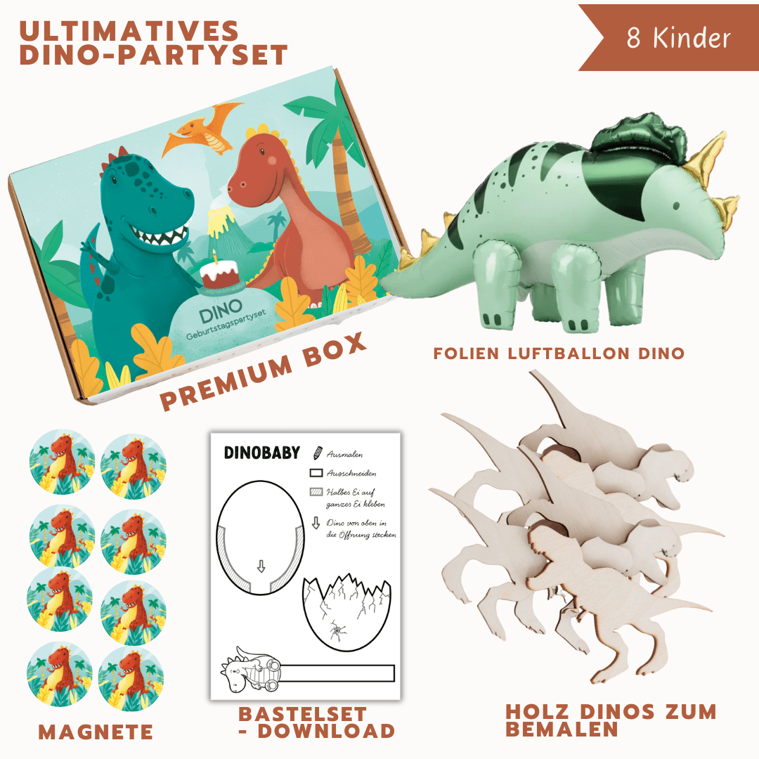 Ultimatives Dino Partyset - Premium Box, Magnete, Folien Luftballon, Holz Dinos, Bastel Download