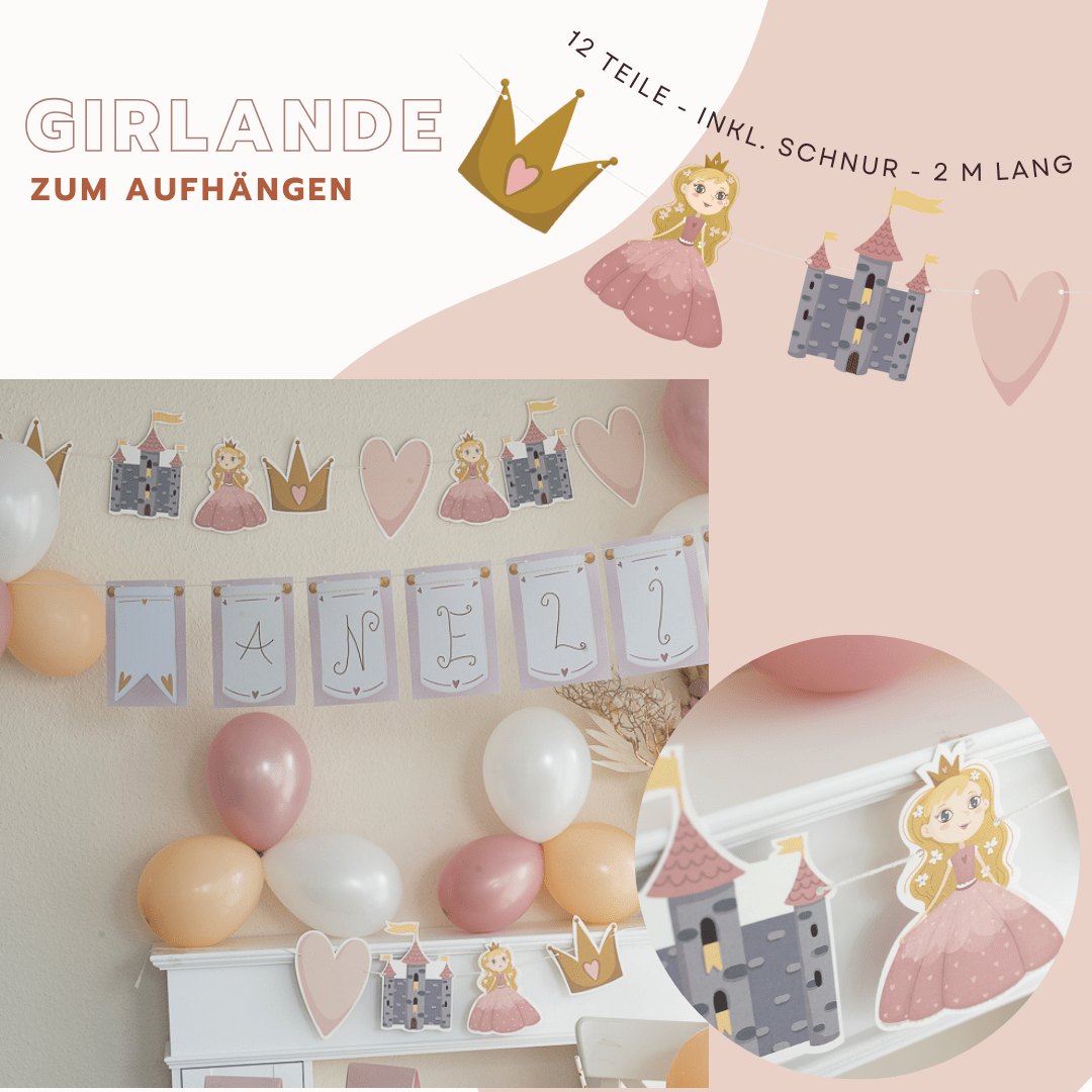 prinzessin girlande, prinzessin geburtstag deko, prinzessin konfetti, prinzessin servietten, kindergeburtstag prinzessin,