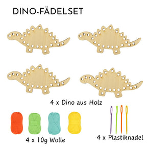 Bastelset – Fädelspaß für den Dino-Geburtstag für 4 Kinder.