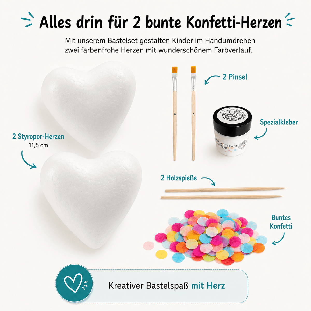 Bastelset - Konfetti-Herzen für 2 Kinder