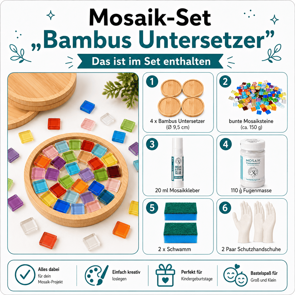 3 Bastelset für 2 Kinder Laterne und Fädelspass und Mosaik Bambus Untersetzer