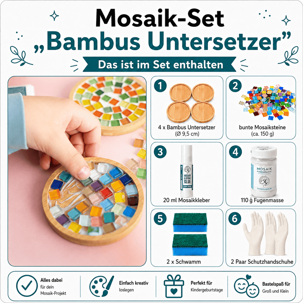Mosaik Bastel-Set - 4 Mosaik Untersetzer