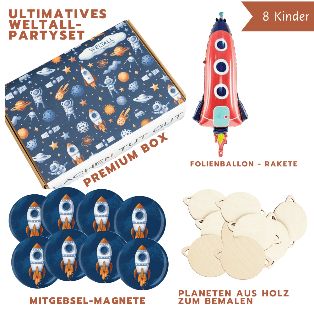 Ultimatives Weltall Partyset - Premium Box, Magnete, Holz Planeten und Raketen Luftballon