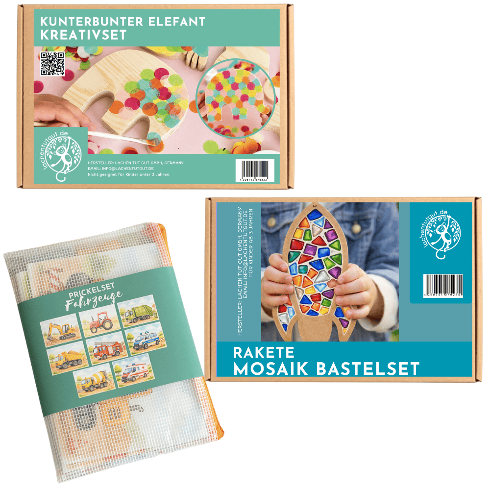 3 Bastelsets für 1 Kind : Konfetti Elefant und Mosaik Rakete und Prickelset Fahrzeuge