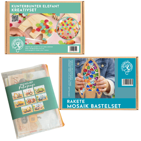 3 Bastelsets für 1 Kind : Konfetti Elefant und Mosaik Rakete und Prickelset Fahrzeuge