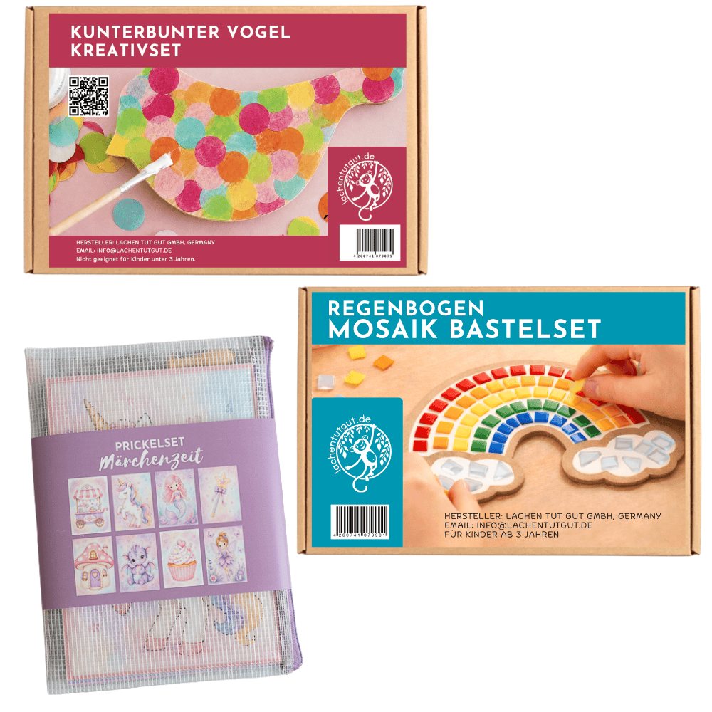 3 Bastelsets für 1 Kind: Vogel mit Konfetti und Mosaik Regenbogen und Prickelset Märchenzeit